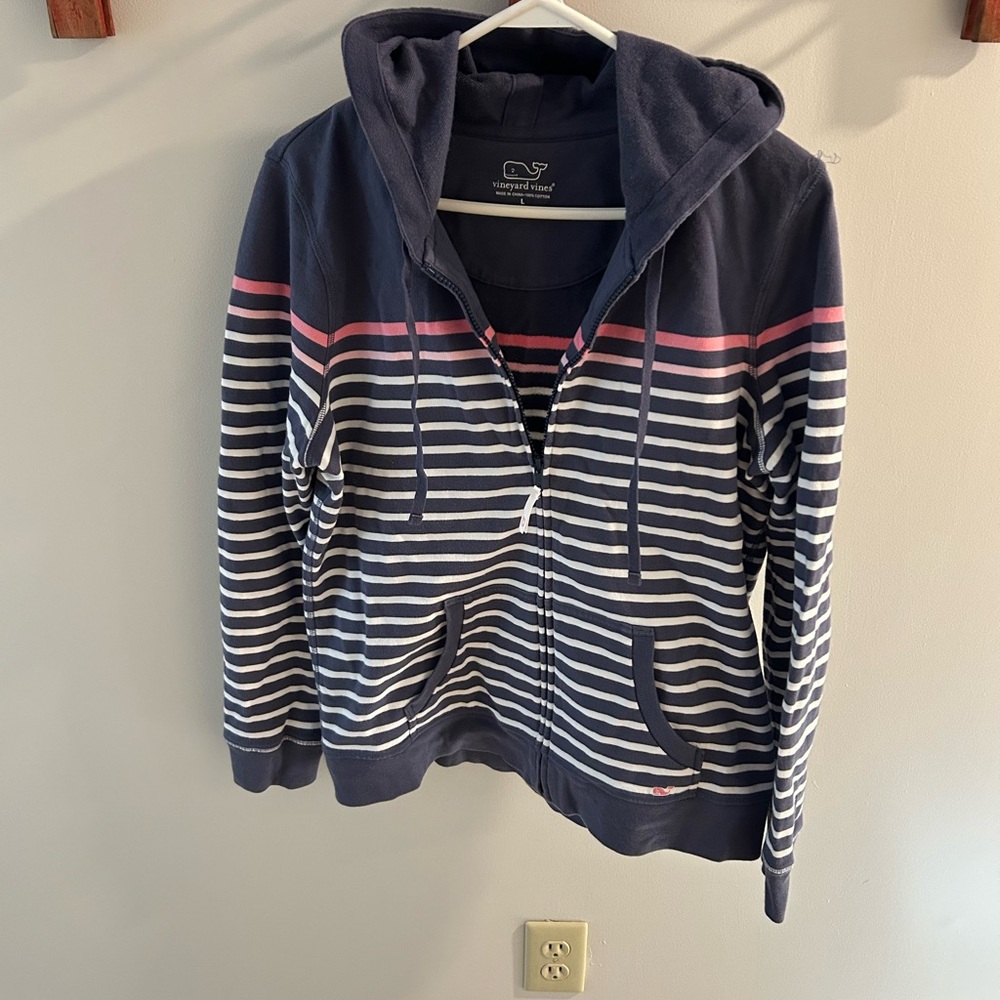 Vineyard Vines striped hooded sweatshirt, navy, whit and pink Women Size L